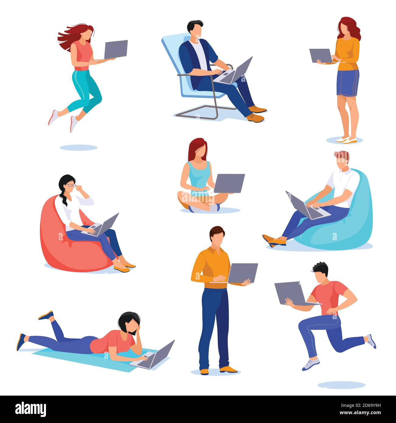 People with laptops in different poses, isolated on white background. Vector flat cartoon illustration. Young men and women work using computer. Busin Stock Vector