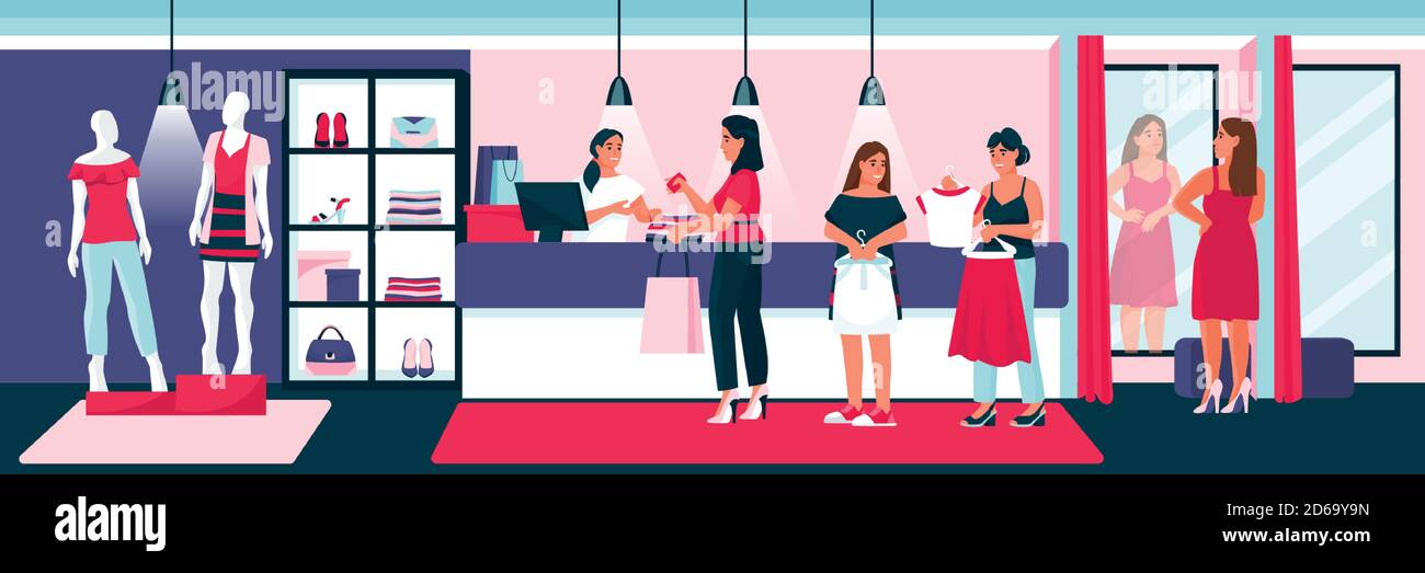 Beautiful women buy clothes and shoes at seasonal sales in clothing boutique. Young girls pay at the cash desk of mall. Vector flat cartoon illustrati Stock Vector