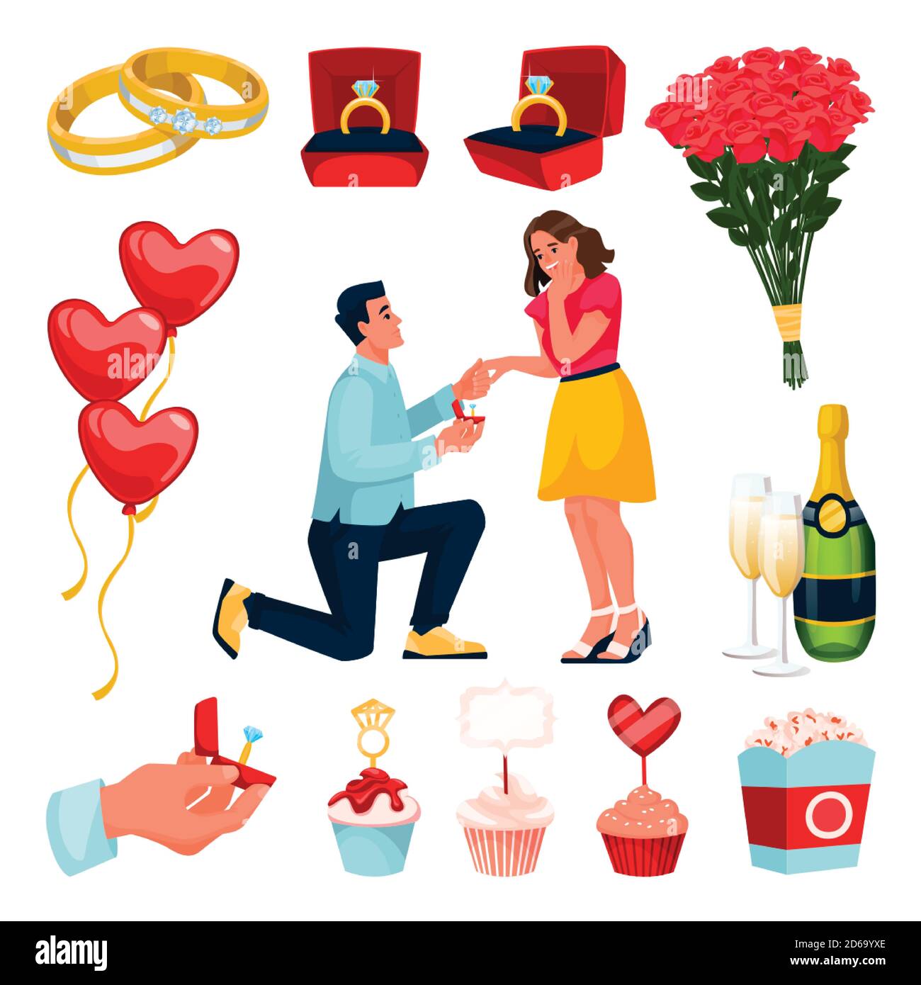 Engagement and marriage design elements set. Man makes proposal to young  beautiful woman with diamond ring. Vector flat cartoon illustration.  Valentin Stock Vector Image & Art - Alamy