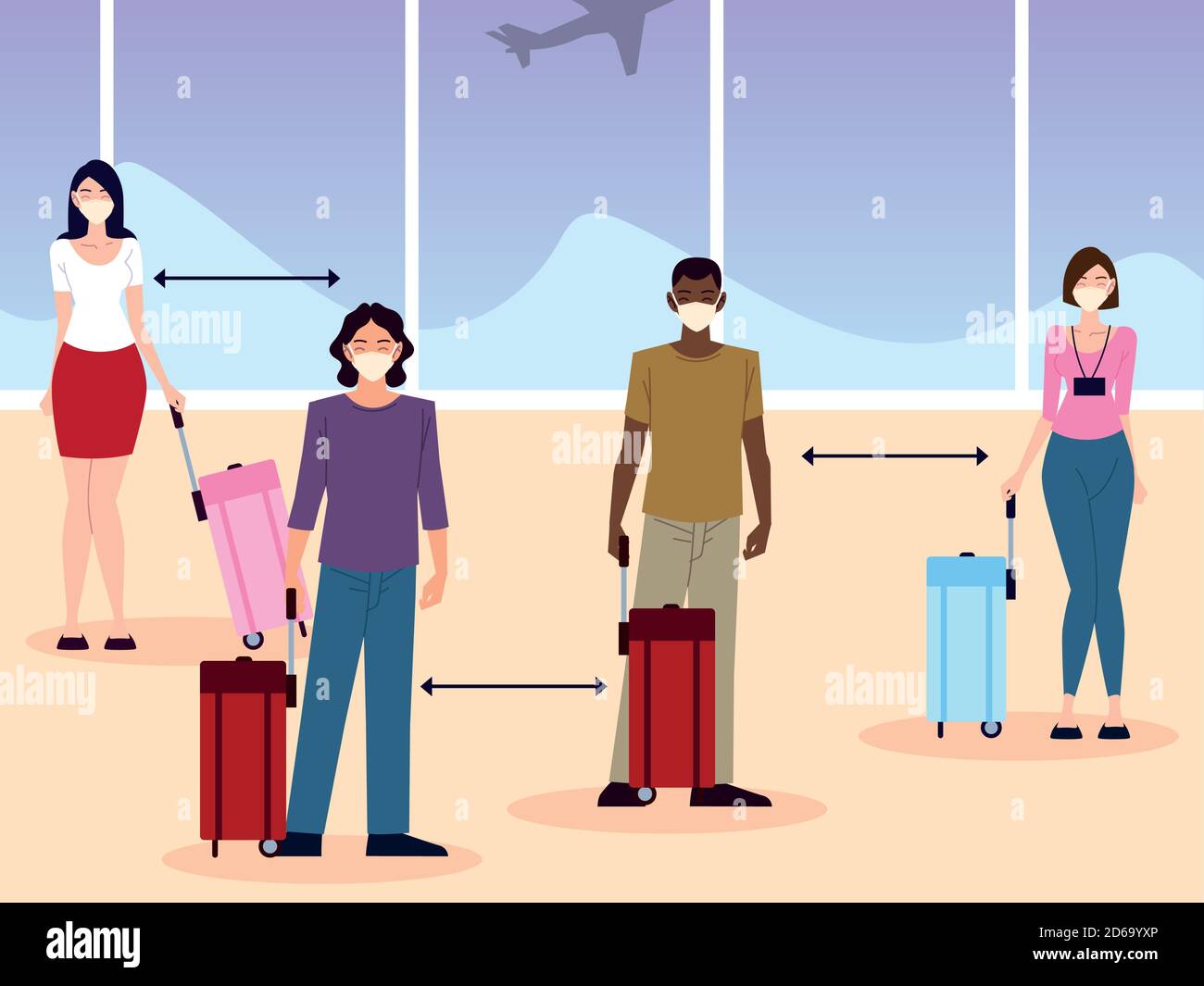 airport new normal, group people social distance between passengers