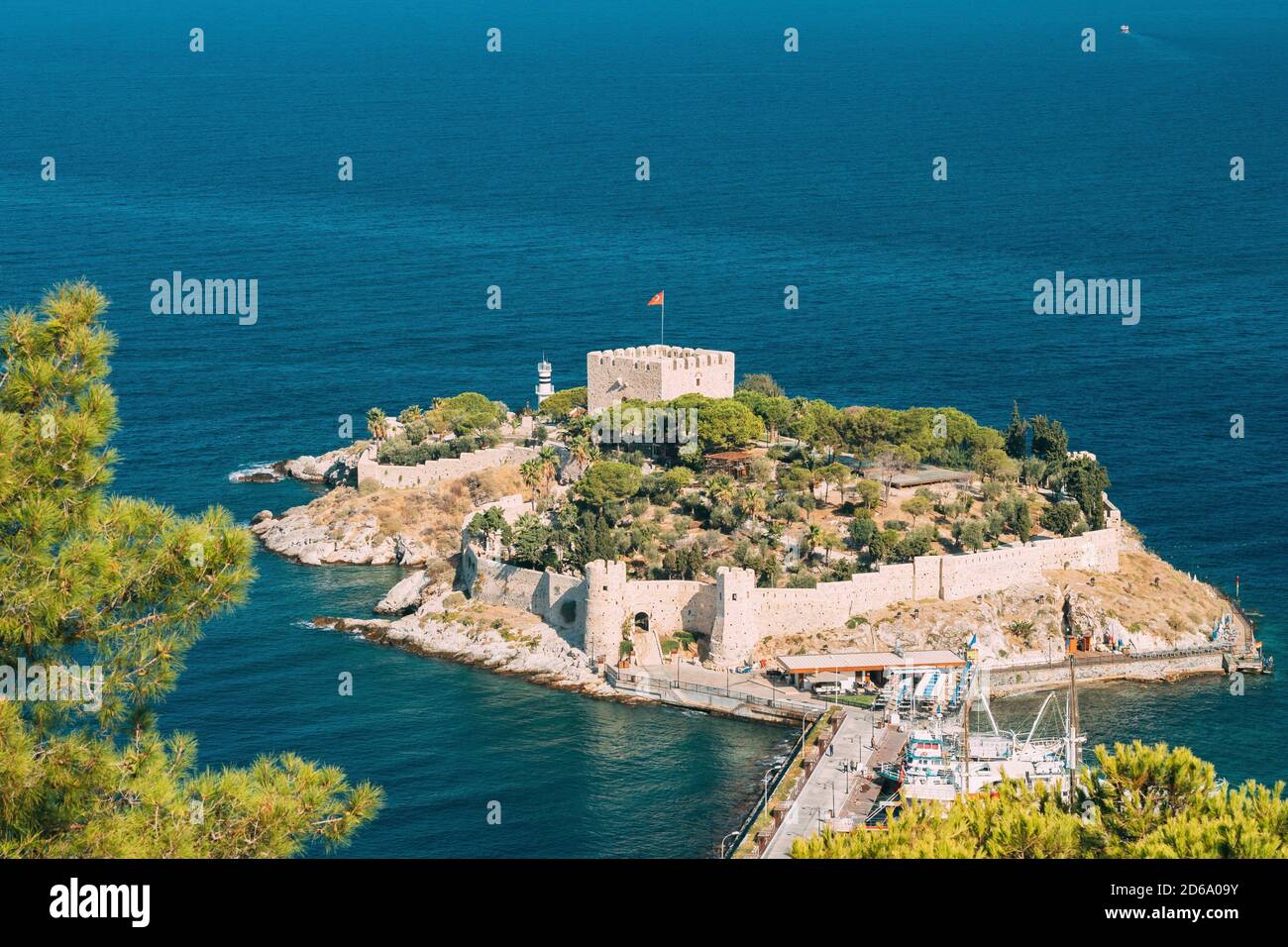 https www alamy com kusadasi aydin province turkey top view of the pigeon island old 14th 15th century fortress on guvercin adasi in the aegean sea bird island image382535831 html