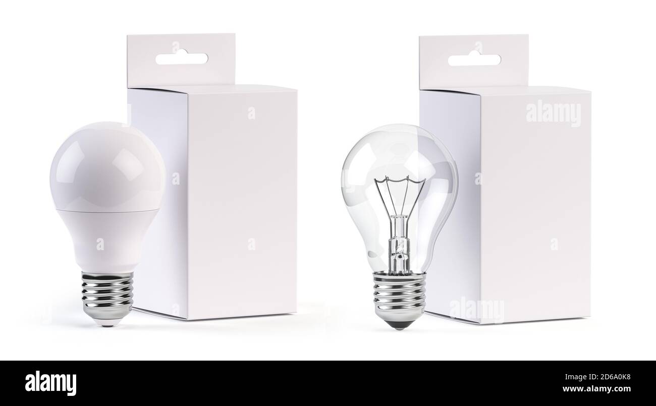Electric light bulbs LED and incandescent with blank paper box isolated on white. Mock up 3d illustration. Stock Photo