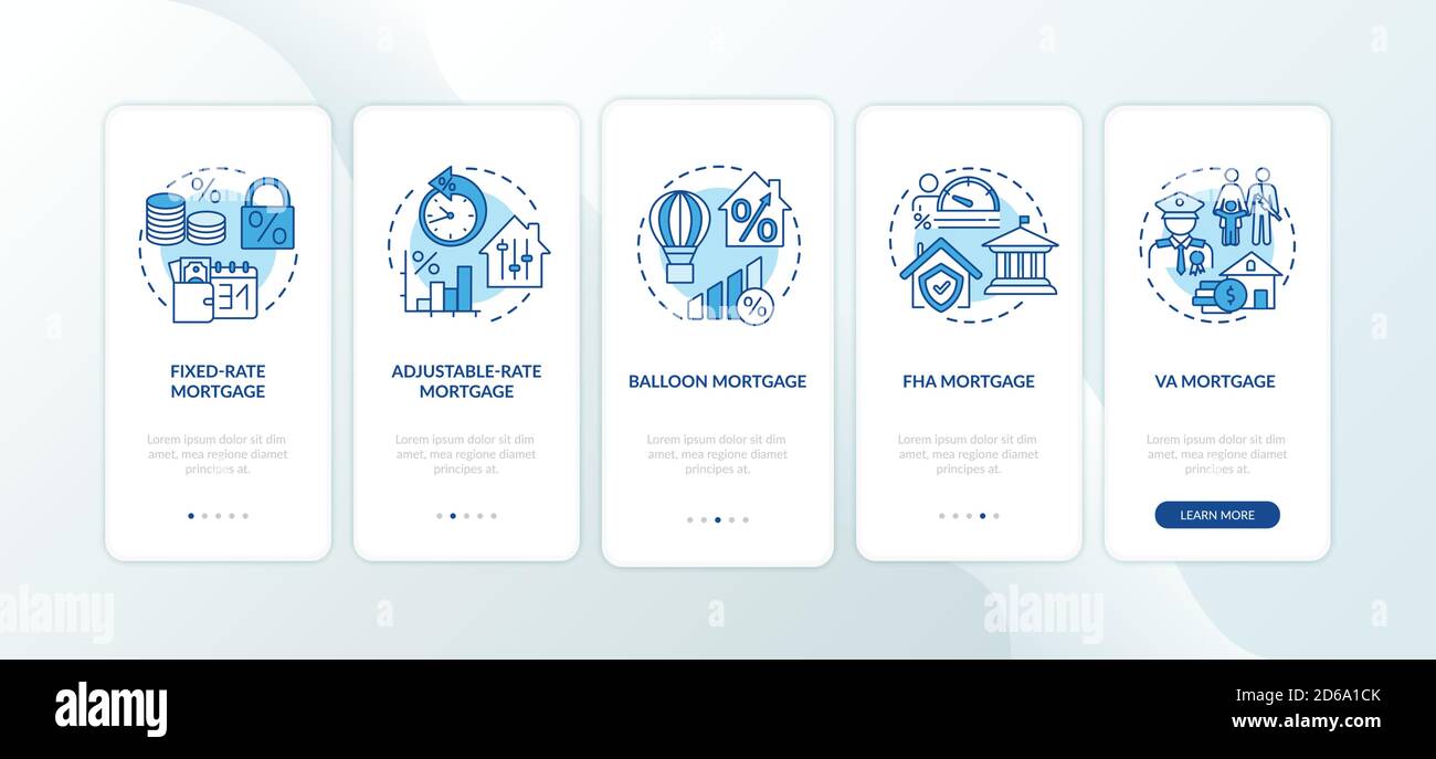 Mortgage types onboarding mobile app page screen with concepts Stock Vector
