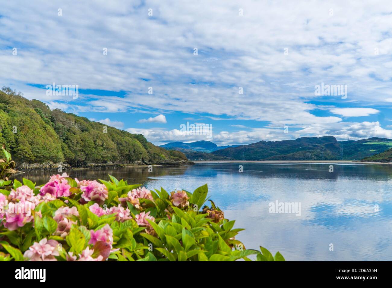 North westerly view along the River Dwyryd from Portmeirion towards Snowdonia National Park north Wales UK. August 2020. Stock Photo
