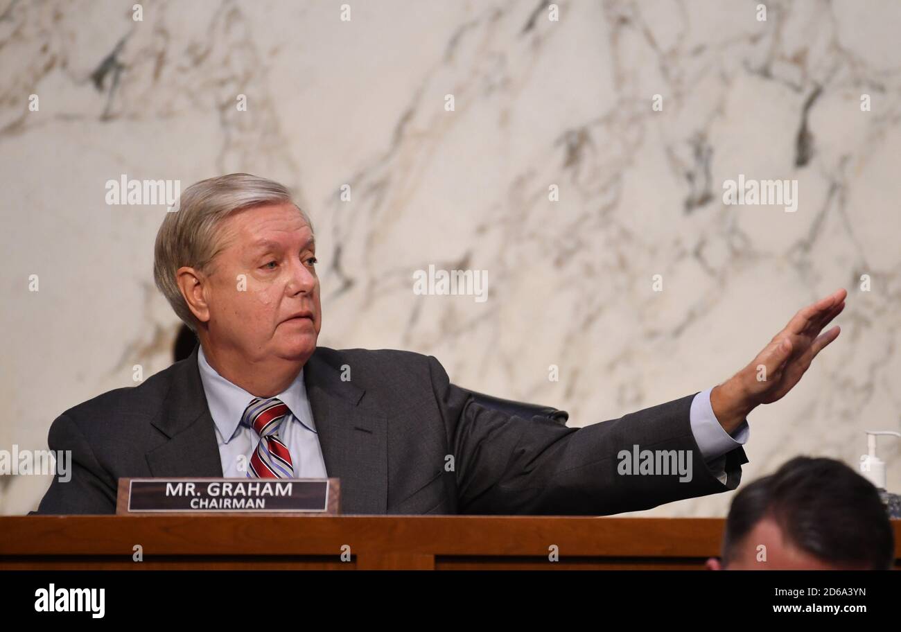 United States Senator Lindsey Graham (Republican of South Carolina), speaks during a Senate Judiciary Committee confirmation hearing on the nomination of Amy Coney Barrett for Associate Justice of the Supreme Court, on Capitol Hill in Washington, DC on Thursday, October 15, 2020.  If confirmed, Barrett will replace Justice Ruth Bader Ginsburg, who died last month.   Credit: Kevin Dietsch / Pool via CNP | usage worldwide Stock Photo