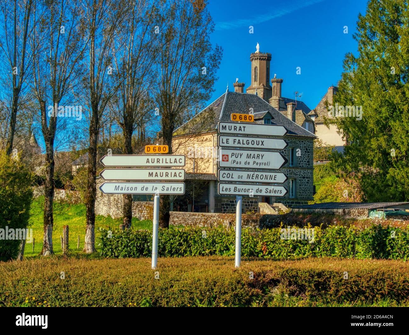 road signs, Salers, Cantal Department, Auvergne region, France. Stock Photo