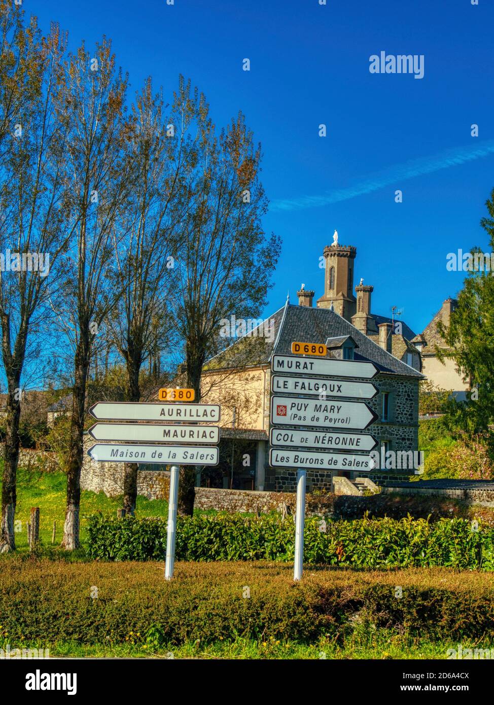 road signs, Salers, Cantal Department, Auvergne region, France. Stock Photo