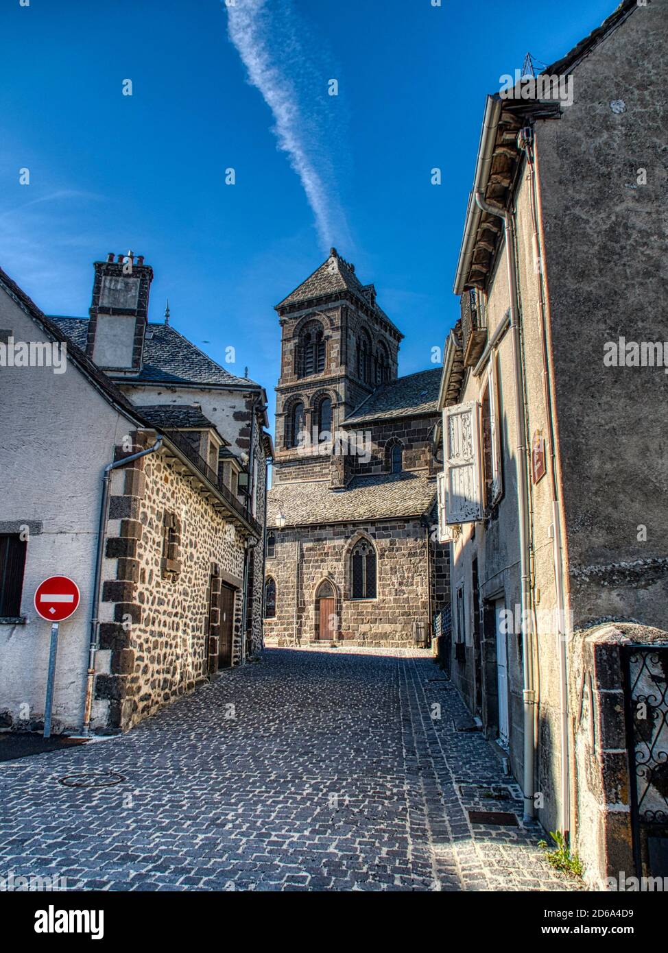 fortified Abby of Saint-Mathieu de Salers, Salers, Cantal Department, Auvergne region, France. Stock Photo