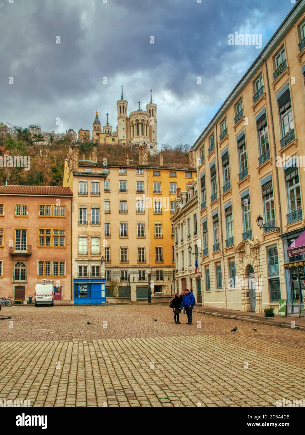 Place Saint Jean and Notre Dame de Fourviere Basilica, Lyon, Auvergne-Rh™ne-Alpes, France. Stock Photo