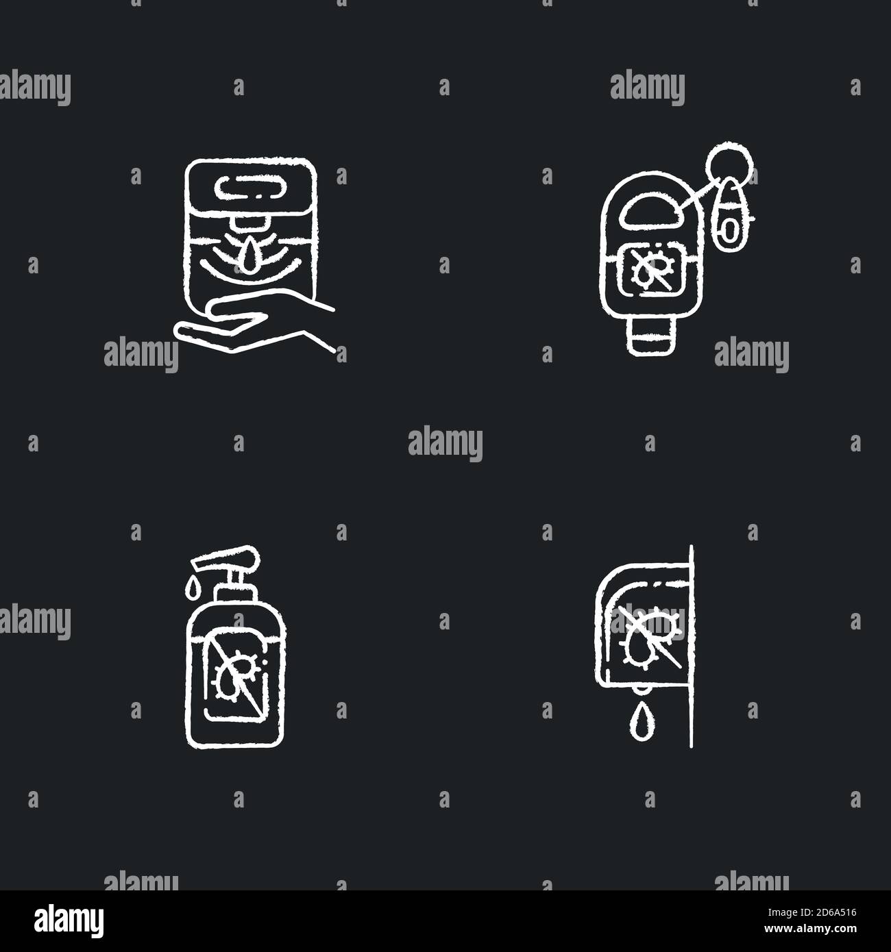 Hygienic hand sanitizers chalk white icons set on black background Stock Vector