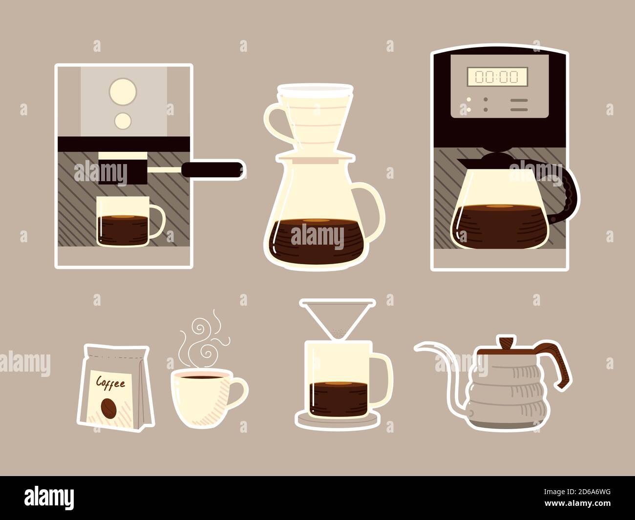 coffee brewing methods, machine appliances kettle cups and pack icons ...