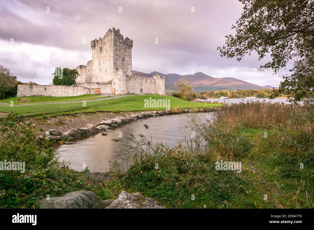 View of Ross Castle on shore of Lough Leane in Killarney National Park in Ireland Stock Photo