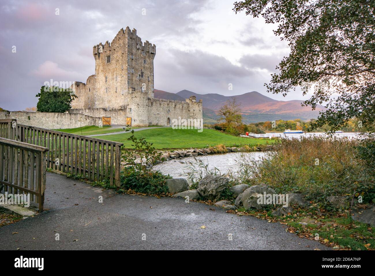 View of Ross Castle on shore of Lough Leane in Killarney National Park in Ireland Stock Photo