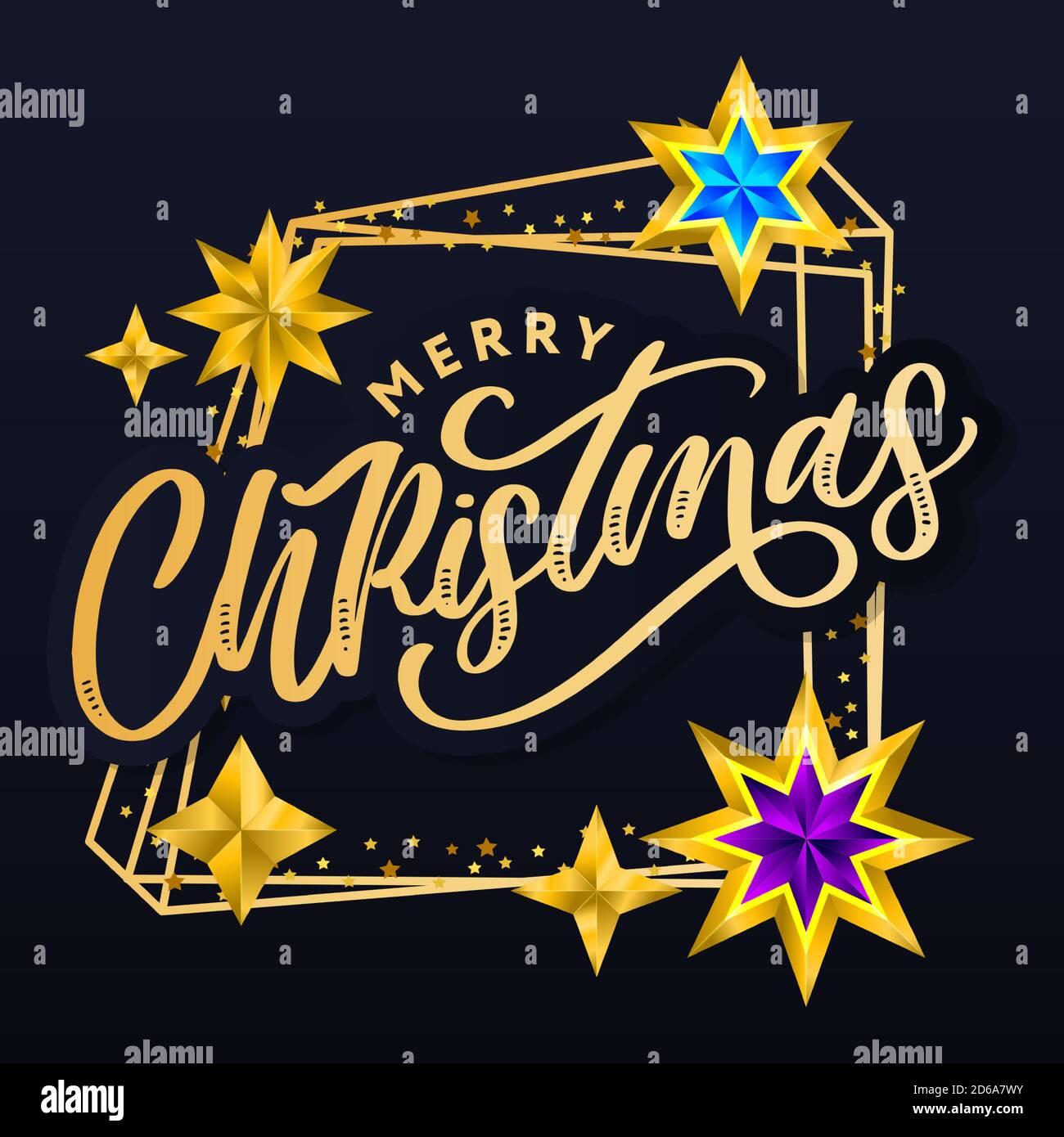 Merry Christmas card with hand drawn lettering and stars on dark background. Cute Holiday golden frame background Stock Vector