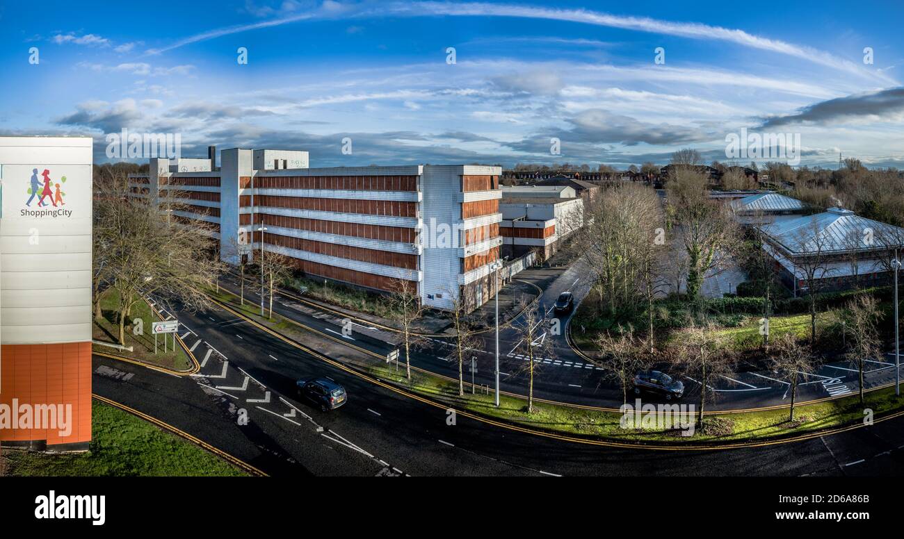 View of derelict and controversial East Lane House office buildings Looking from East Lane towards Crown Gate, Halton, Runcorn Cheshire. Stock Photo