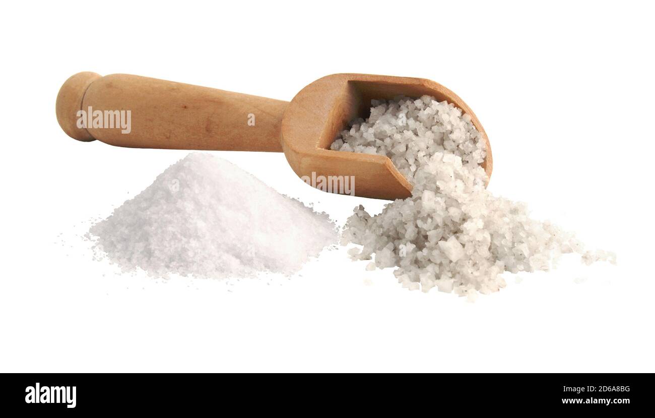 Coarse salt and refined salt isolated on white background Stock Photo