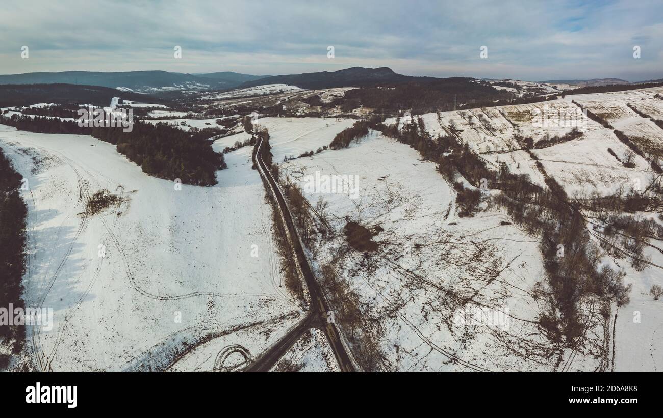 Lower Beskid, Carpathian Mountain Range in winter aerial view Stock Photo