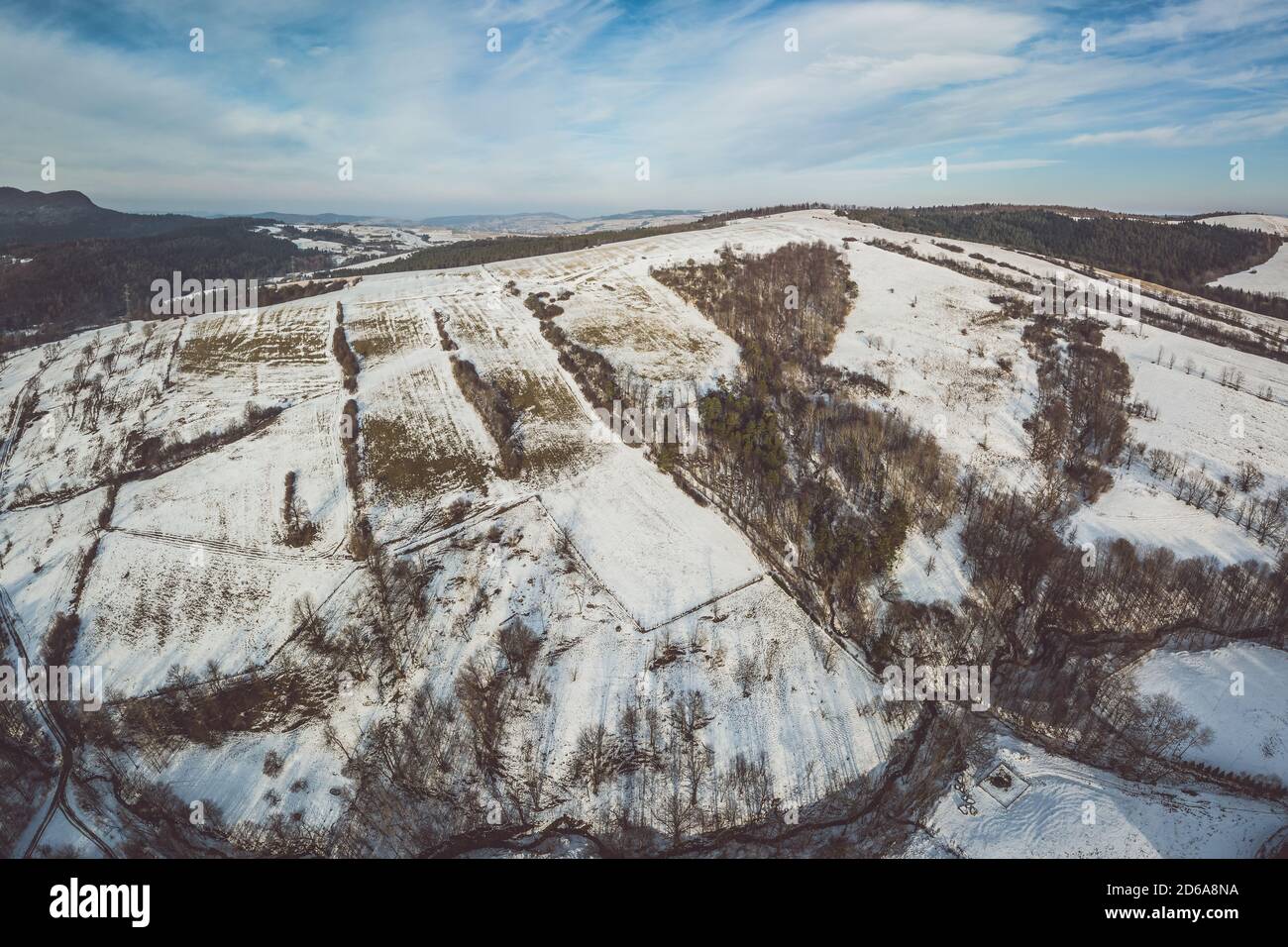 Lower Beskid, Carpathian Mountain Range in winter aerial view Stock Photo