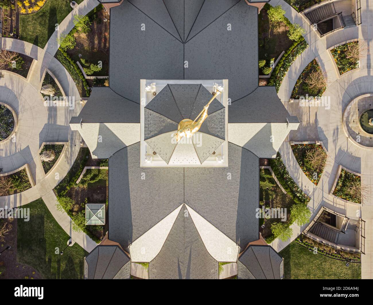 Drone shot of the temple and surrounding grounds of the Provo City Center Temple, owned by The Church of Jesus Christ of Latter-Day Saints Stock Photo