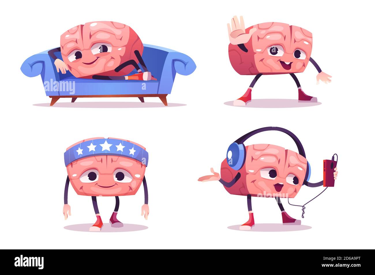 Cute Brain Character In Different Poses Vector Set Of Cartoon Chat Bot Funny Human Brain Relax