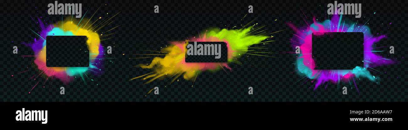 Color powder explosion with rectangle banners. Clouds of colorful dust with particles. Vector realistic splash of paint powder, burst effect with copy space for text isolated on transparent background Stock Vector