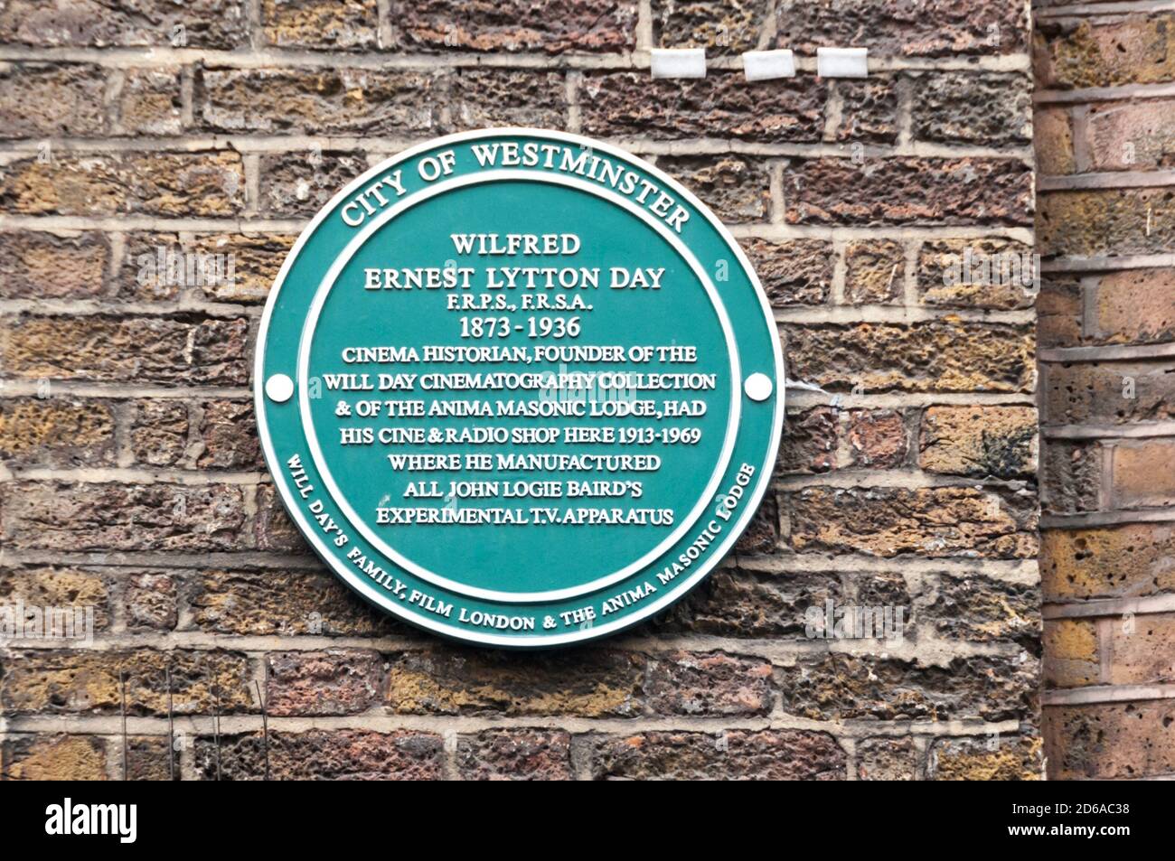 City of Westminster Green Plaque commemorating Wilfred Ernest Lytton Day, in Lisle Street, Soho. Stock Photo