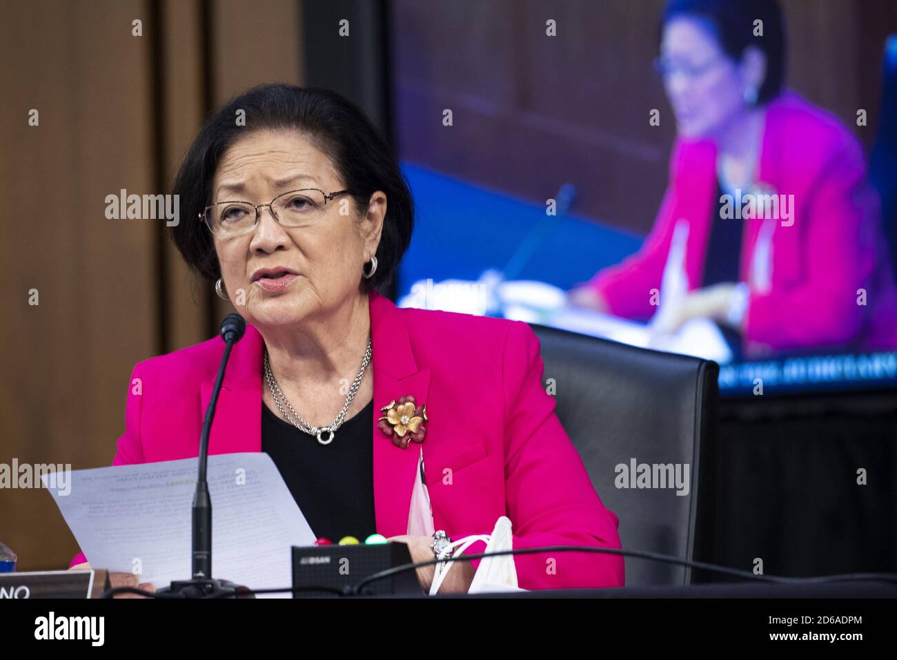 Washington, United States. 15th Oct, 2020. Democratic Senator from Hawaii Mazie Hirono delivers remarks during the confirmation hearing for Supreme Court nominee Judge Amy Coney Barrett before the Senate Judiciary Committee on Capitol Hill in Washington, DC on Thursday, October 15, 2020. Barrett was nominated by President Donald Trump to fill the vacancy left by Justice Ruth Bader Ginsburg who passed away in September. Pool Photo by Shawn Thew/UPI Credit: UPI/Alamy Live News Stock Photo