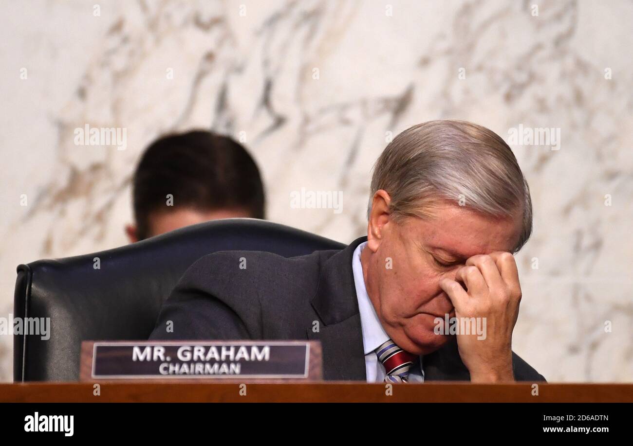 United States Senator Lindsey Graham (Republican of South Carolina), Chairman, US Senate Judiciary Committee pauses during a Senate Judiciary Committee confirmation hearing on the nomination of Amy Coney Barrett for Associate Justice of the Supreme Court, on Capitol Hill in Washington, DC on Thursday, October 15, 2020. If confirmed, Barrett will replace Justice Ruth Bader Ginsburg, who died last month. Credit: Kevin Dietsch/Pool via CNP | usage worldwide Stock Photo