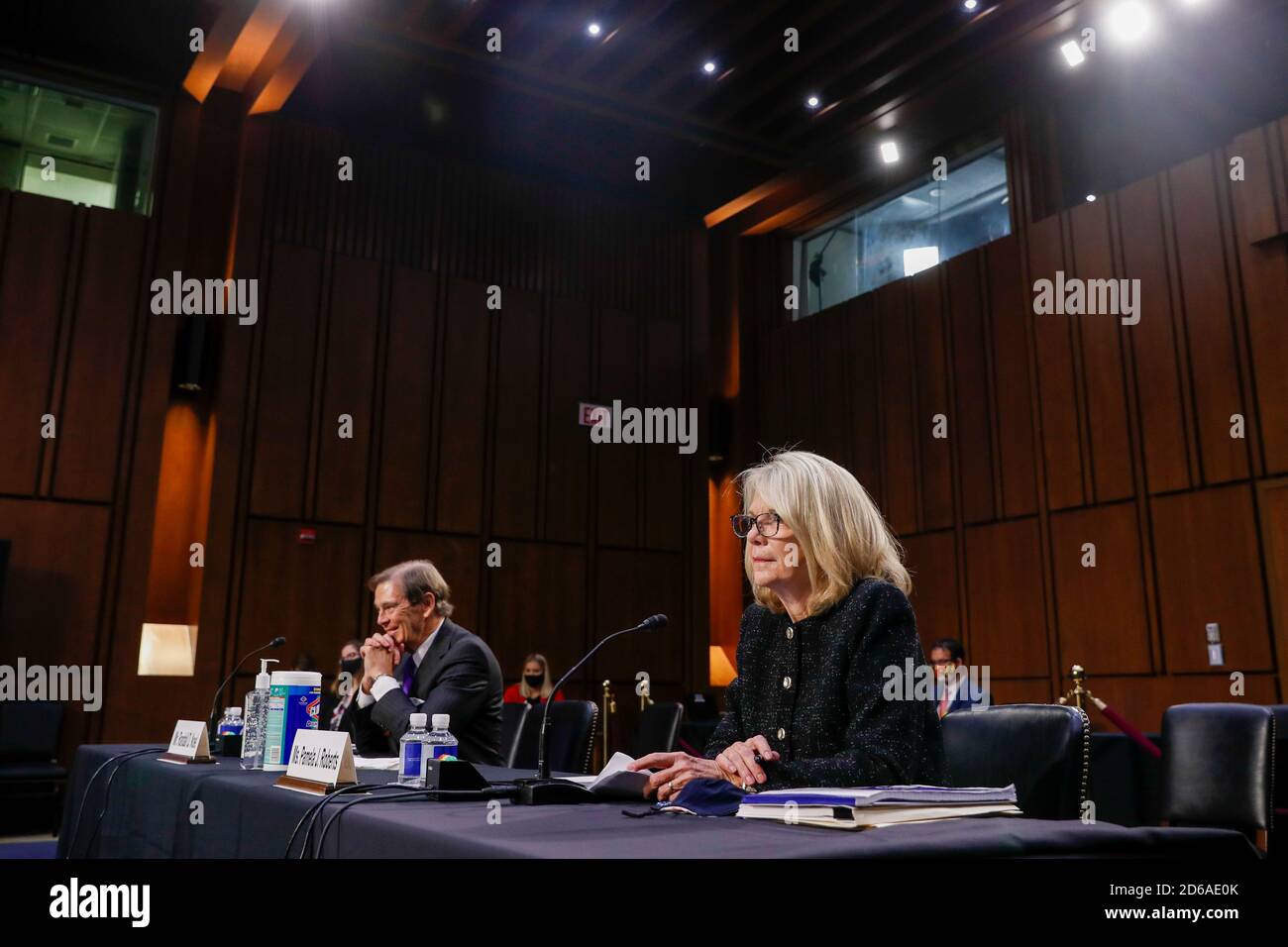 Washington, DC, USA. 15th Oct, 2020. American Bar Association representatives Pamela Roberts (R) and Randall Noel (L) participate in the confirmation hearing for Supreme Court nominee Judge Amy Coney Barrett before the Senate Judiciary Committee on Capitol Hill in Washington, DC, USA, 15 October 2020. Barrett was nominated by President Donald Trump to fill the vacancy left by Justice Ruth Bader Ginsburg who passed away in September.Credit: Shawn Thew/Pool via CNP | usage worldwide Credit: dpa/Alamy Live News Stock Photo