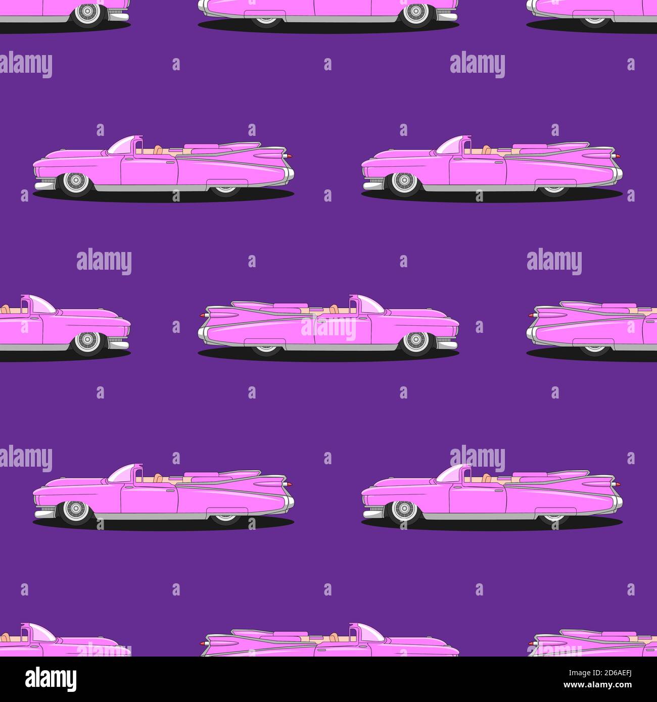 seamless retro pink car pattern on purple background. Vector image Stock Vector