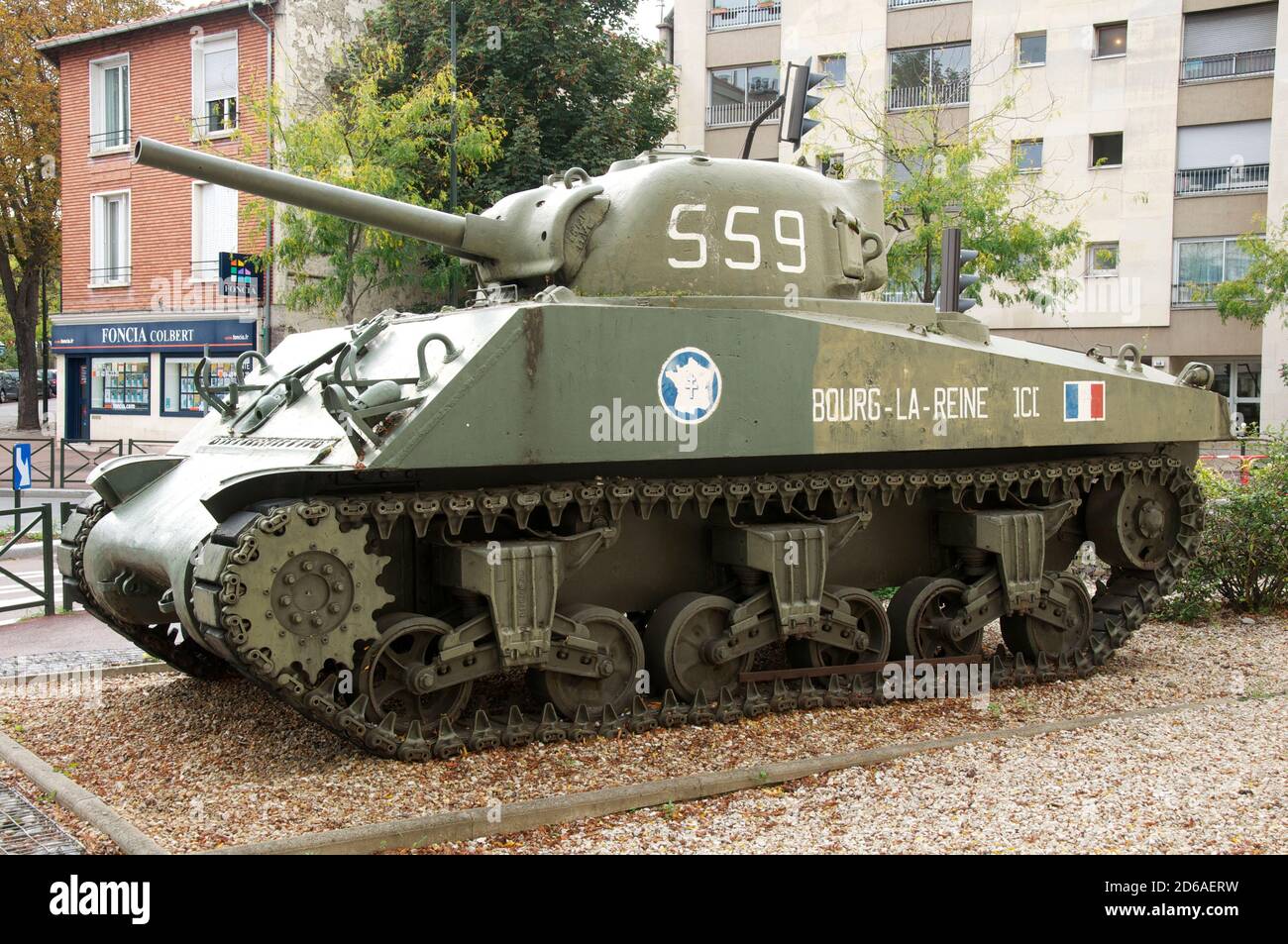 A Sherman tank stands beside the Avenue du Général Leclerc in Bourg-la-Reine. On 25th August 1944 Free French forces passed this way to liberate Paris. Stock Photo