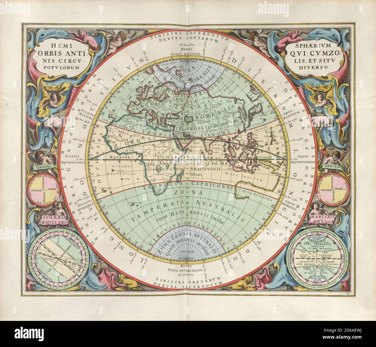 Title: The hemisphere of the Old World, with its (climate) zones, (meridian) circles and the dwelling places of the distinctive races. Engraved by Johannes van Loon. Engraving from Harmonia Macrocosmica Creator: Andreas Cellarius Date: c. 17th Medium: hand coloured engraving Location: The British Library Stock Photo