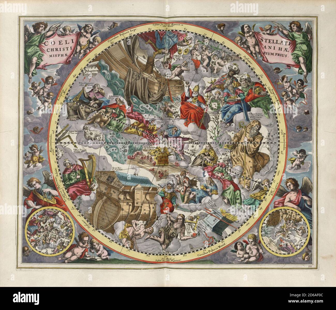 Title:  First hemisphere with the Christianized firmament. Engraving from Harmonia Macrocosmica Creator: Andreas Cellarius Date: c. 17th Medium: hand coloured engraving Location: The British Library Stock Photo
