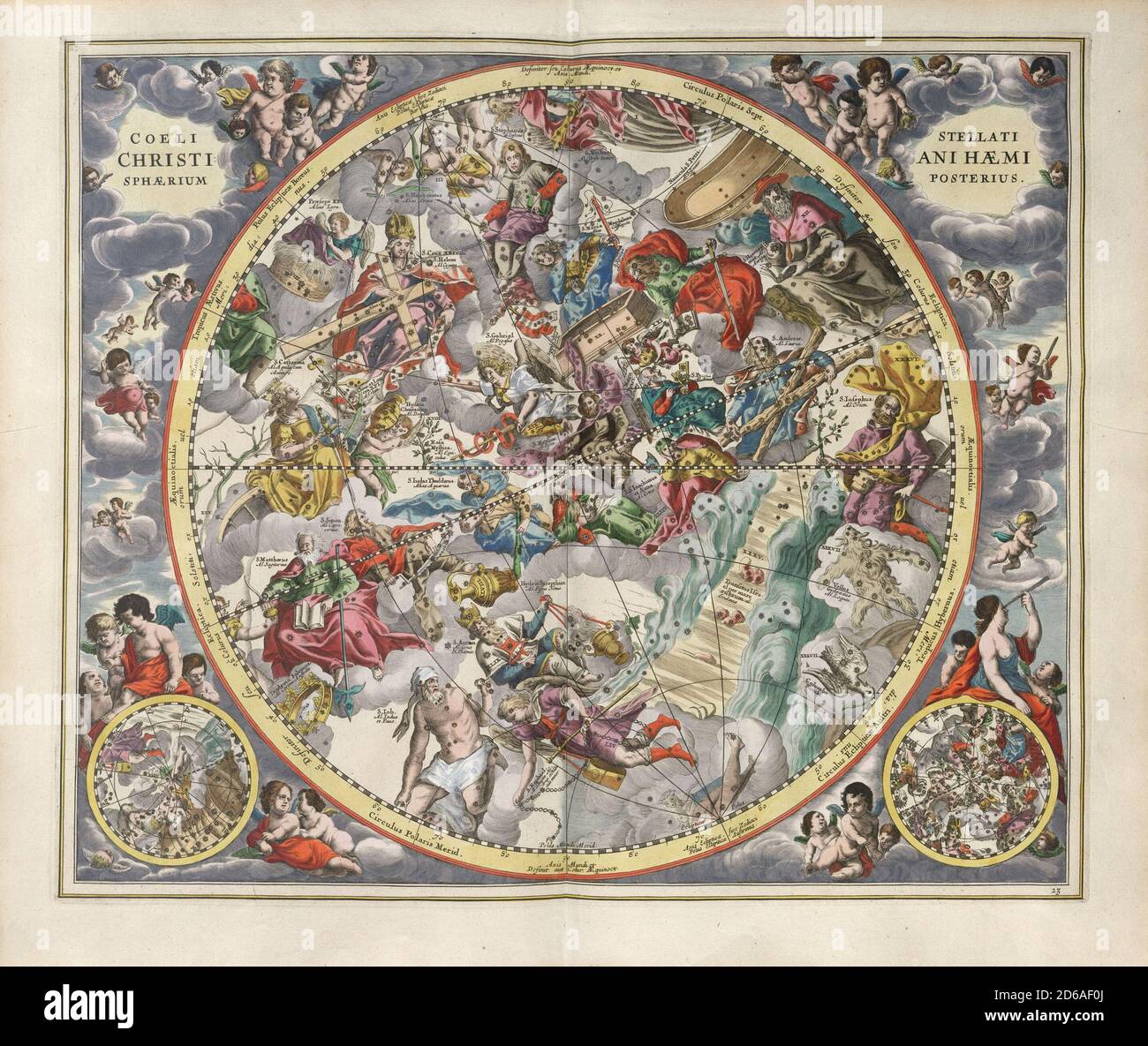 Title:  Second hemisphere with the Christianized firmament. Engraving from Harmonia Macrocosmica Creator: Andreas Cellarius Date: c. 17th Medium: hand coloured engraving Location: The British Library Stock Photo