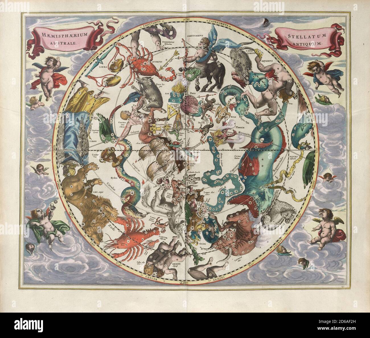 Title: The southern stellar hemisphere of antiquity. Engraving from Harmonia Macrocosmica Creator: Andreas Cellarius Date: c. 17th Medium: hand coloured engraving Location: The British Library Stock Photo