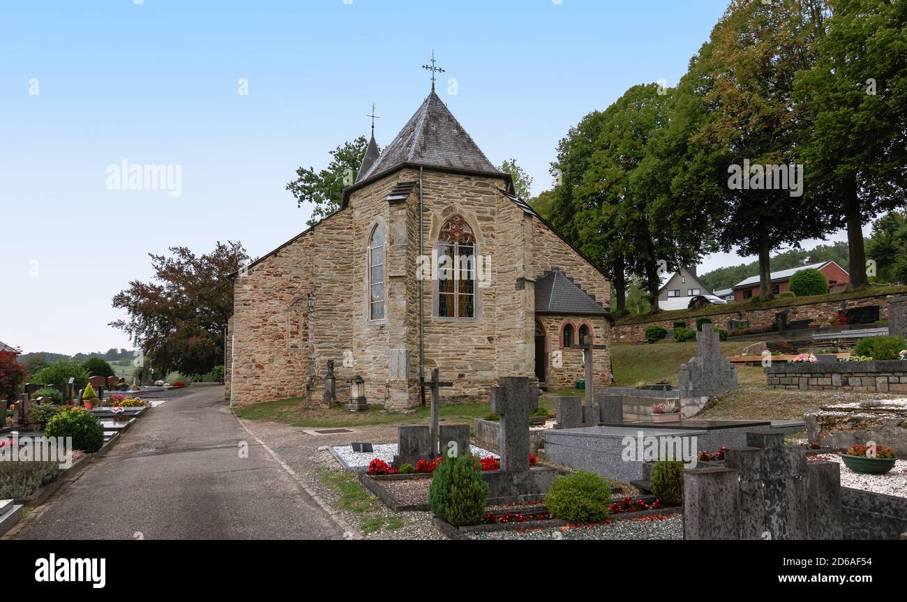 Church and cemetery in Bellevaux, Bellevaux-Ligneuville, Belgium. Stock Photo