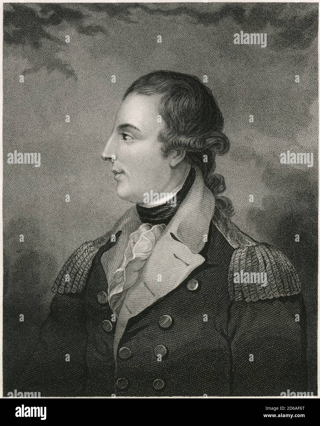 Antique c1870 engraving, Richard Montgomery. Richard Montgomery (1738-1775) was an Irish soldier who first served in the British Army. He later became a major general in the Continental Army during the American Revolutionary War. SOURCE: ORIGINAL ENGRAVING Stock Photo