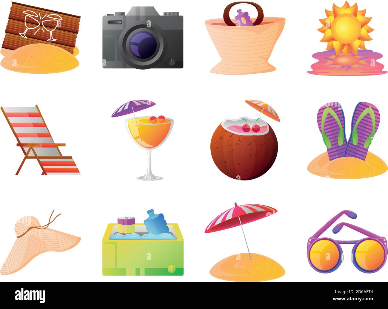 summer vacation travel, collection icons suitcase sandals umbrela ...