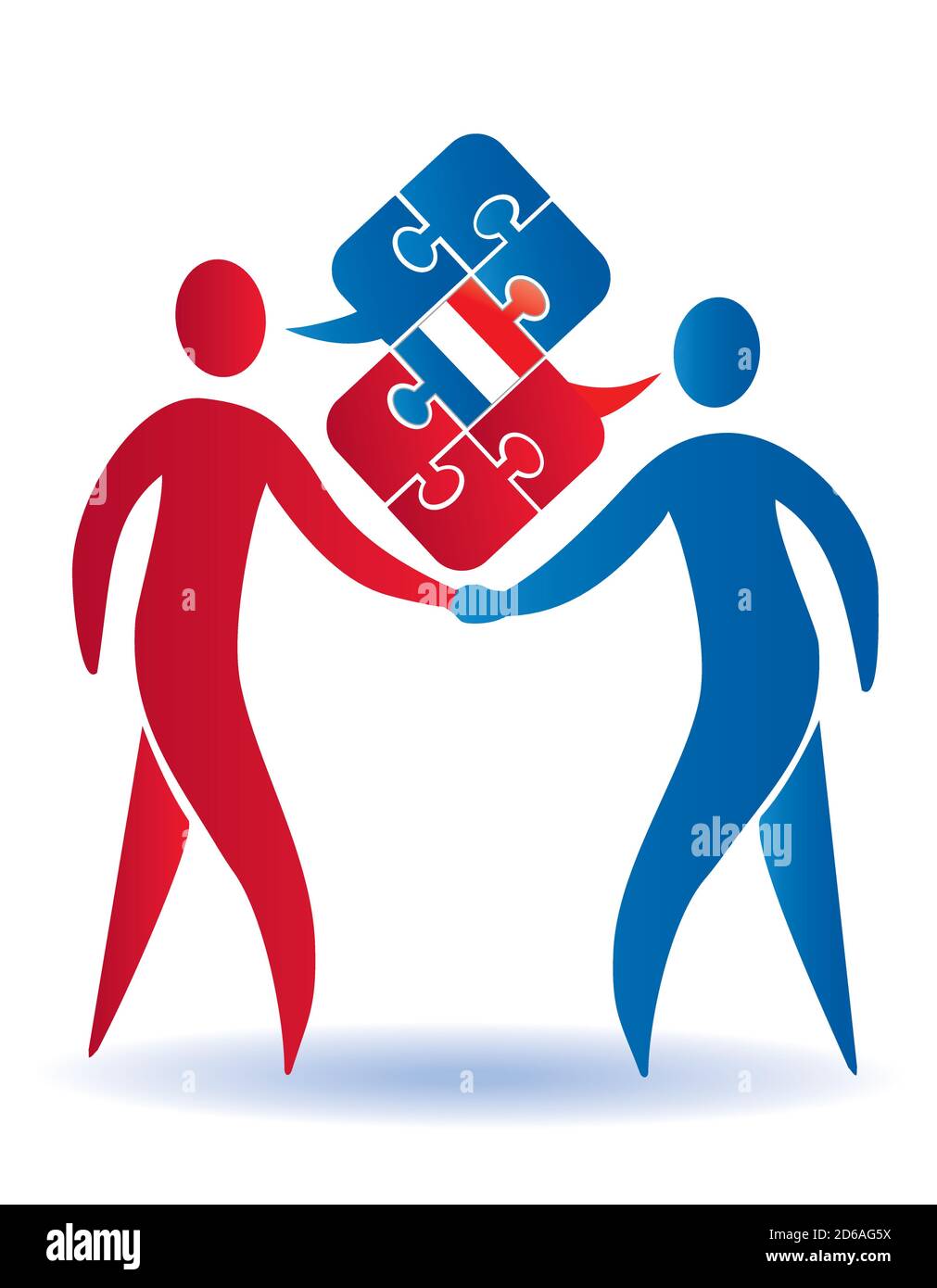 French  business Conversation. Two businessmen shaking hands and  Puzzle bubble talk with a French flag. Vector available. Stock Vector