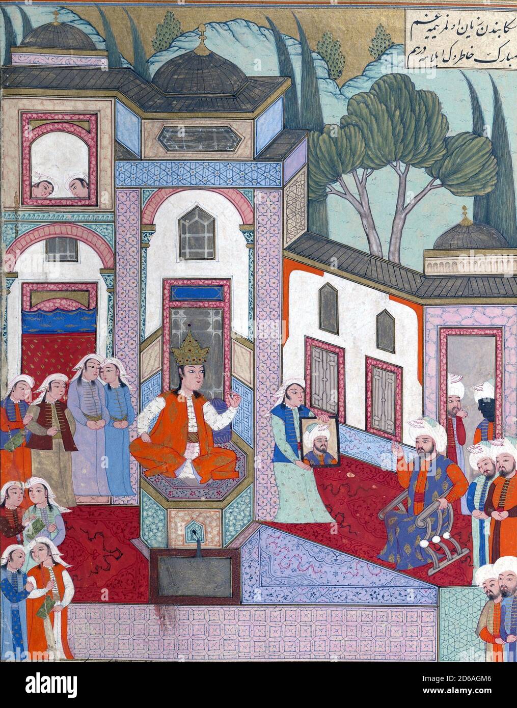 Qaydafah, queen of Andalus, recognizes Iskandar, who has come to her court disguised as his own ambassador Stock Photo