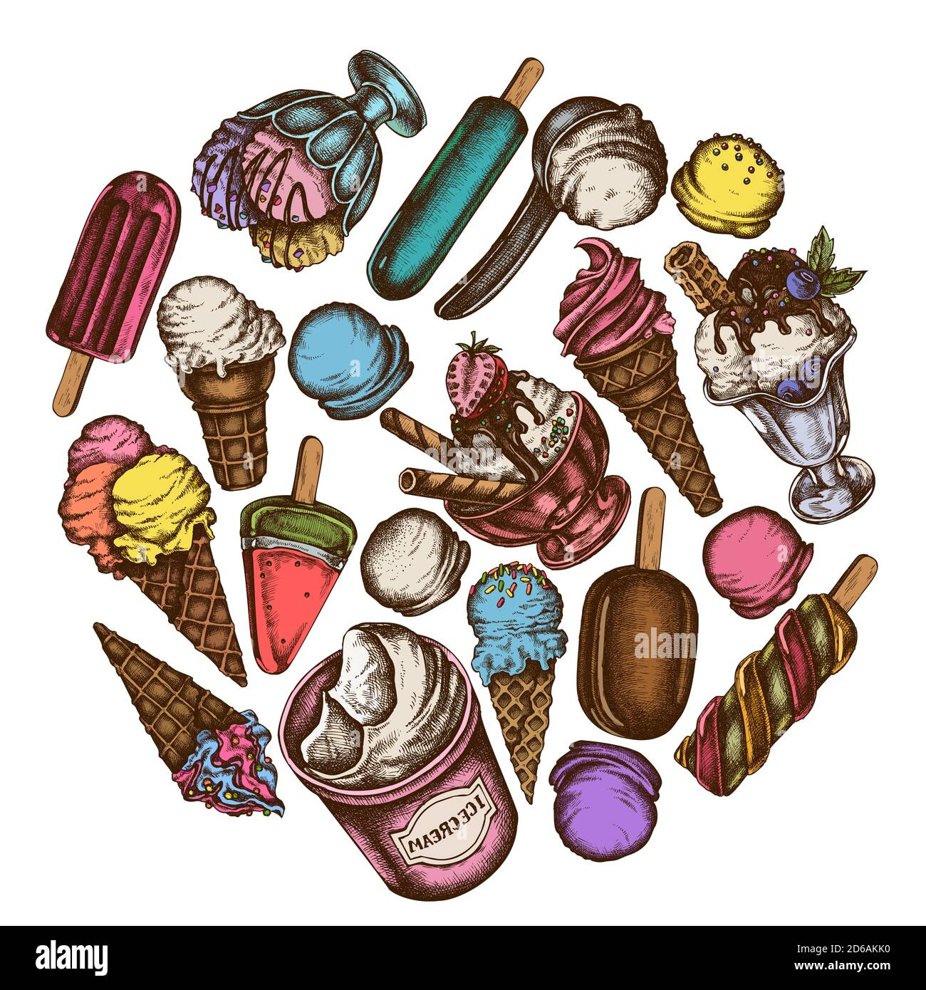 Round design with colored ice cream bowls, ice cream bucket, popsicle