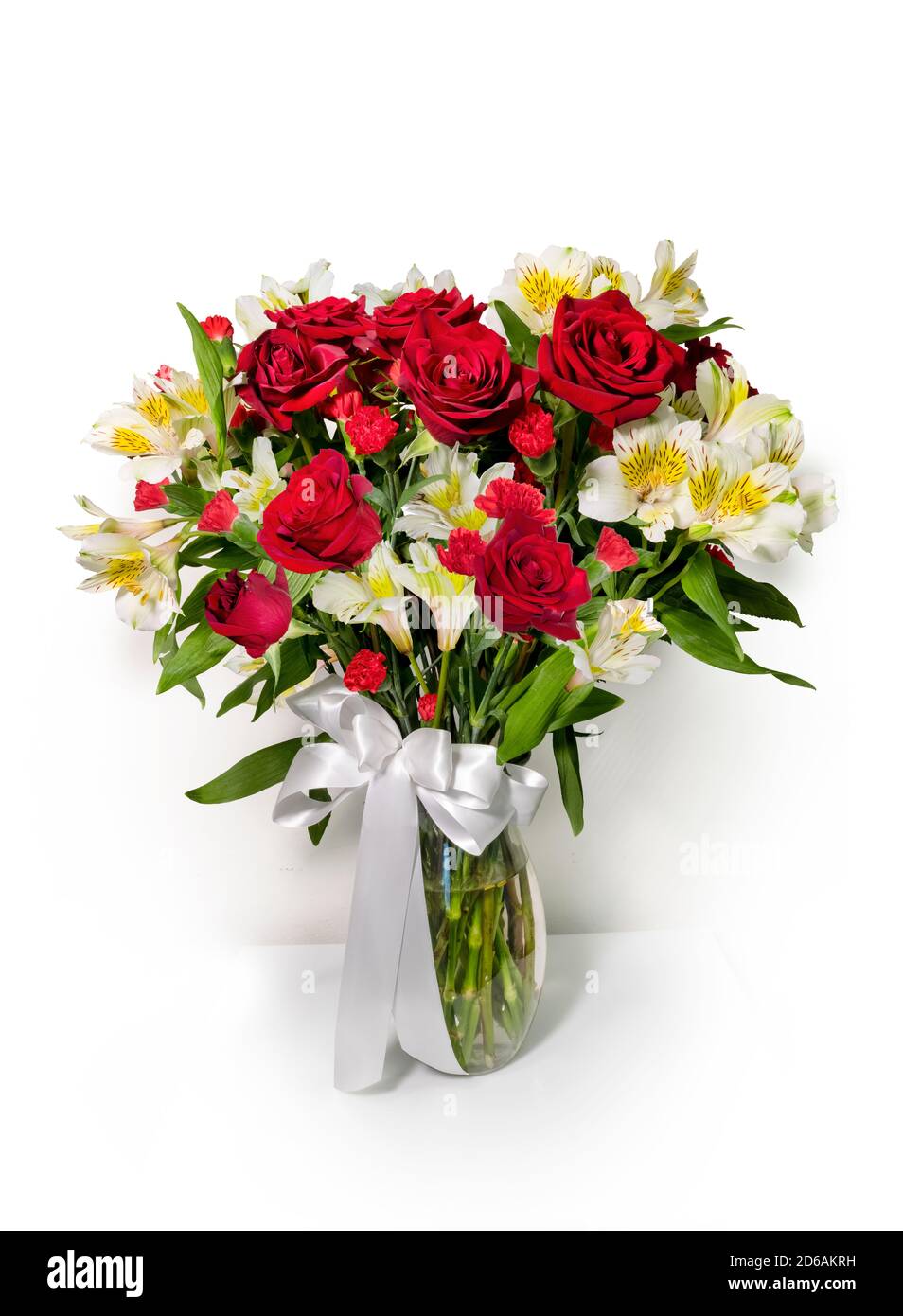 Red rose bouquet with red carnations, white and yellow Peruvian lilies