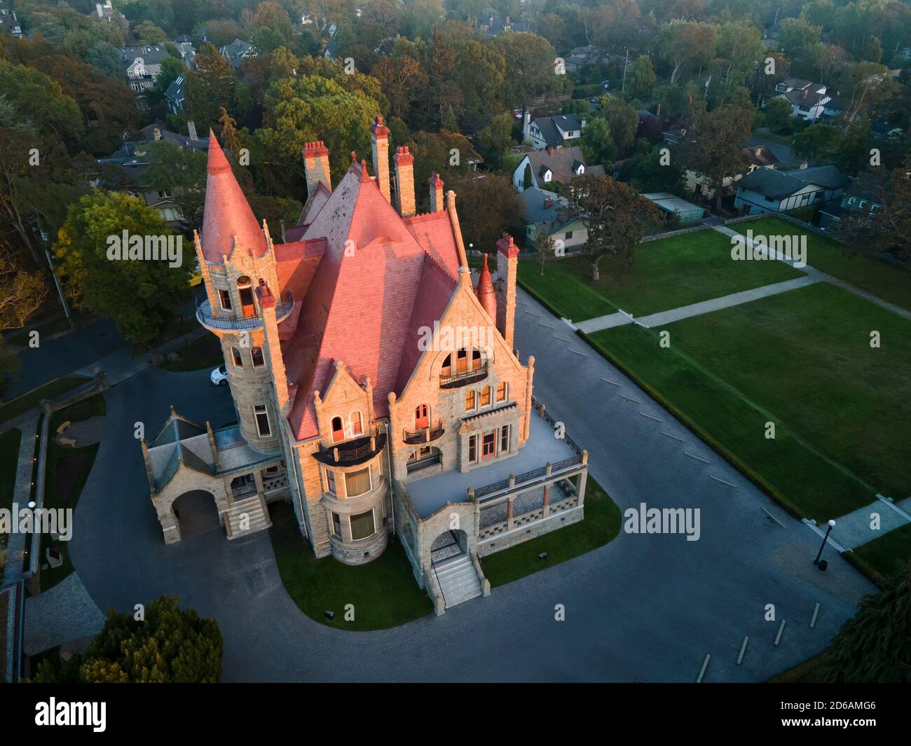 Aerial shot of the beautiful Craigdarroch Castle, Victoria, Vancouver Island, BC, Canada Stock Photo