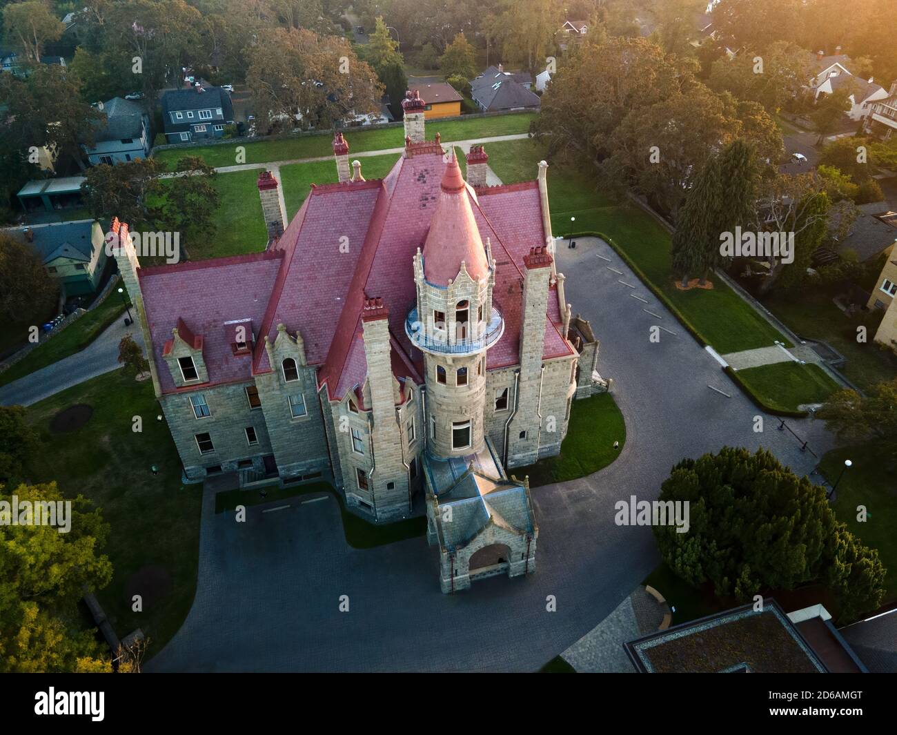 Aerial shot of the beautiful Craigdarroch Castle, Victoria, Vancouver Island, BC, Canada Stock Photo
