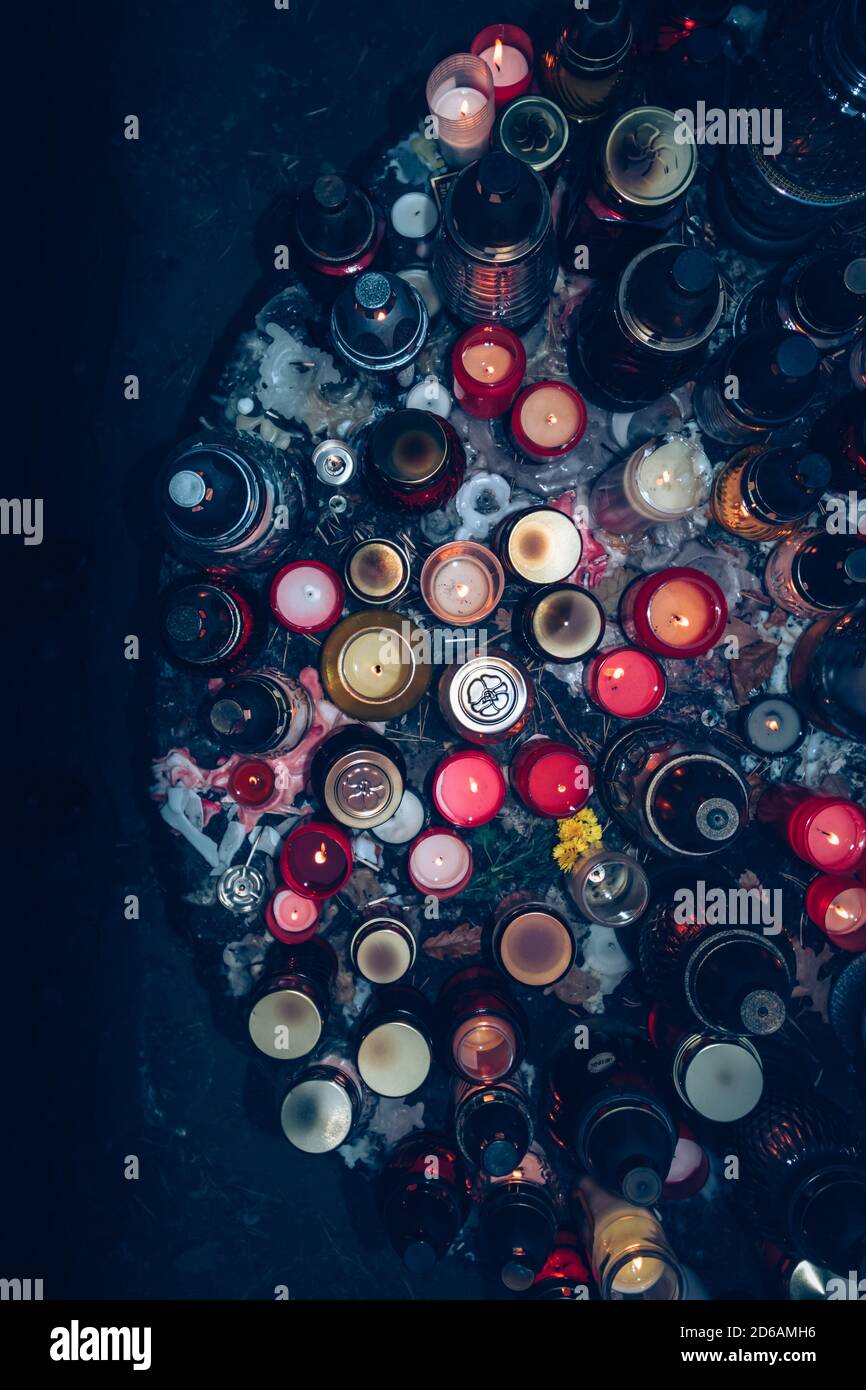 burning candles, top view from birds perspective Stock Photo Alamy