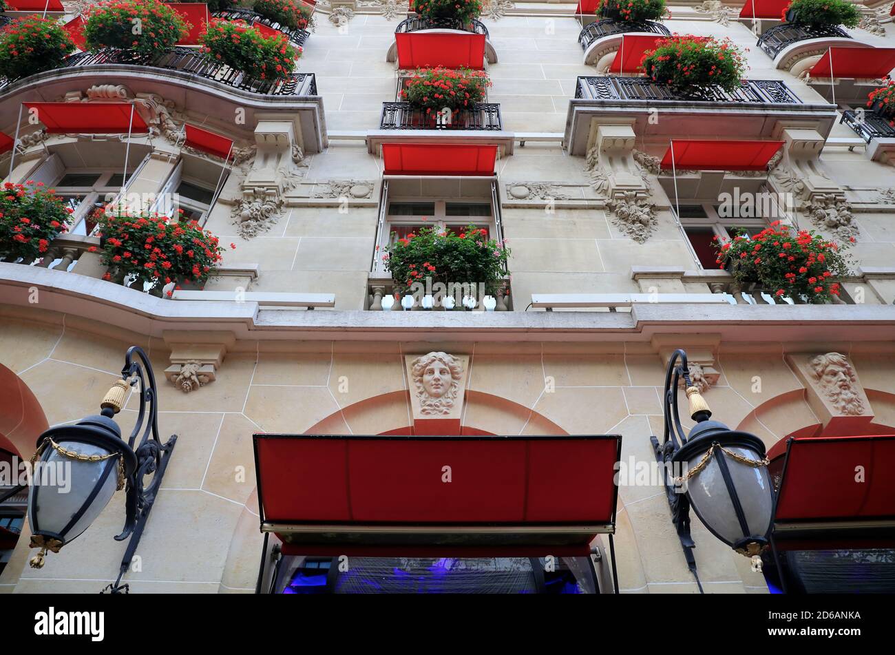 Exterior view of Hotel Plaza Athénée the historic landmark hotel in Avenue Montaigne.Paris.France Stock Photo
