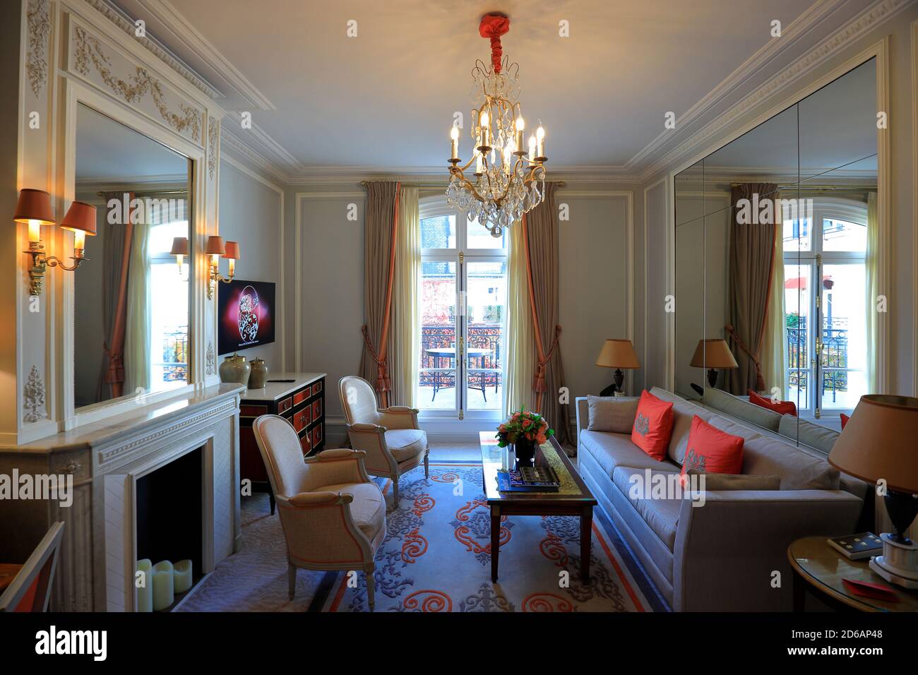 The interior view of the living room of the suite in Hotel Plaza Athénée the historic landmark hotel in Avenue Montaigne.Paris.France Stock Photo