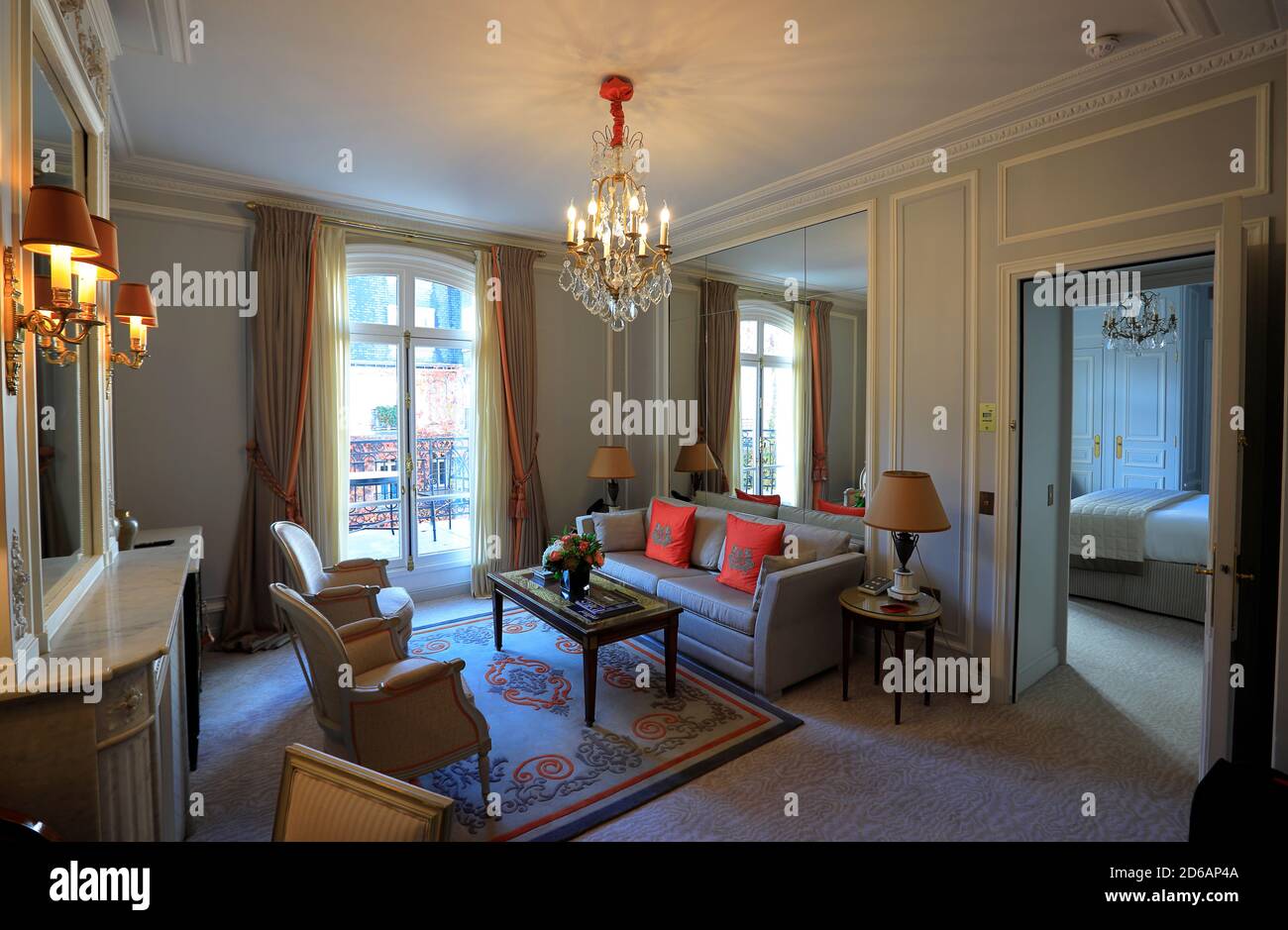 The interior view of the living room of the suite in Hotel Plaza Athénée the historic landmark hotel in Avenue Montaigne.Paris.France Stock Photo