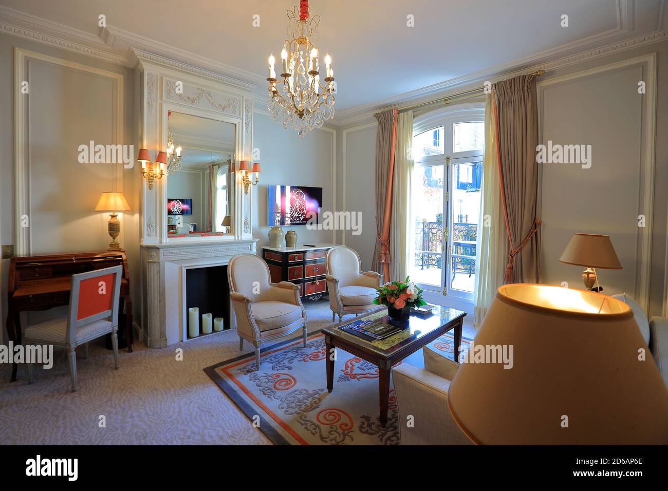 The interior view of the living room of the suite in Hotel Plaza Athénée the historic landmark hotel in Avenue Montaigne.Paris.France Stock Photo