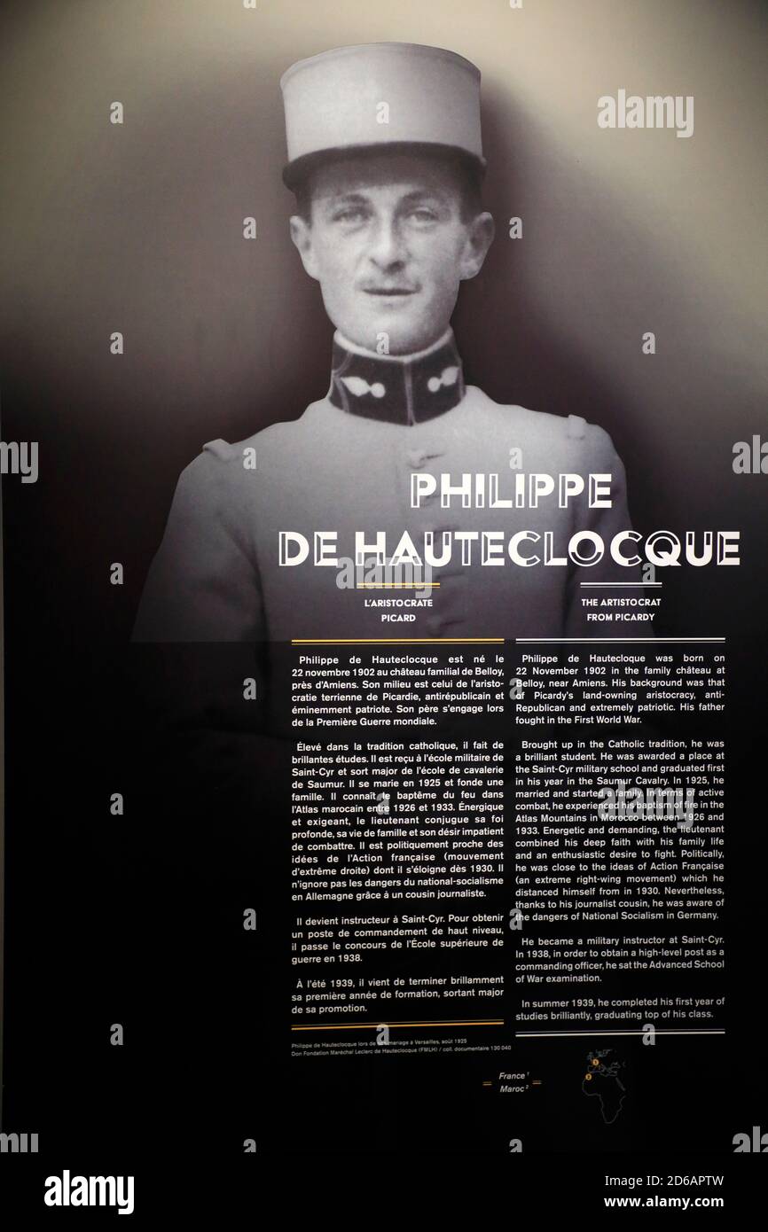 Portrait and introduction of Free-France general Philippe de Hauteclocque  in Musée de la Liberation de Paris - Musee du general Leclerc - Musee Jean Moulin.Paris.France Stock Photo